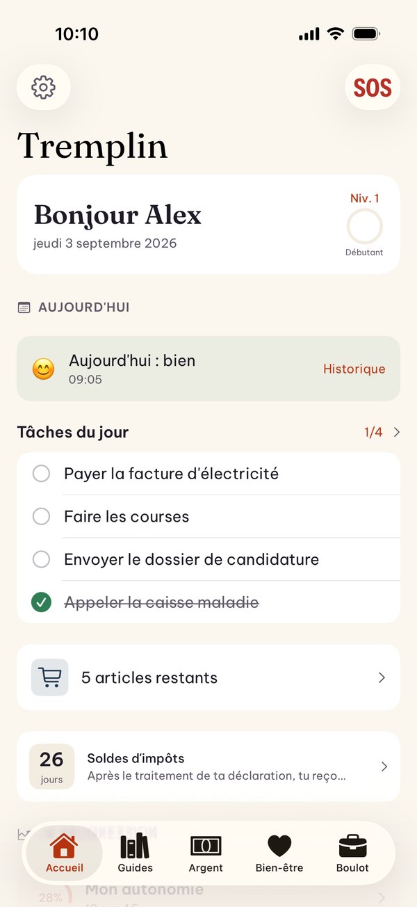 Écran d'accueil: humeur du jour, quatre tâches à faire, liste de courses et prochaine échéance fiscale